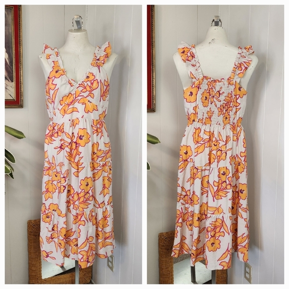 Monteau Los Angeles Orange Floral Tiered Ruffle Midi Dress Womens Size Large New - Picture 1 of 10